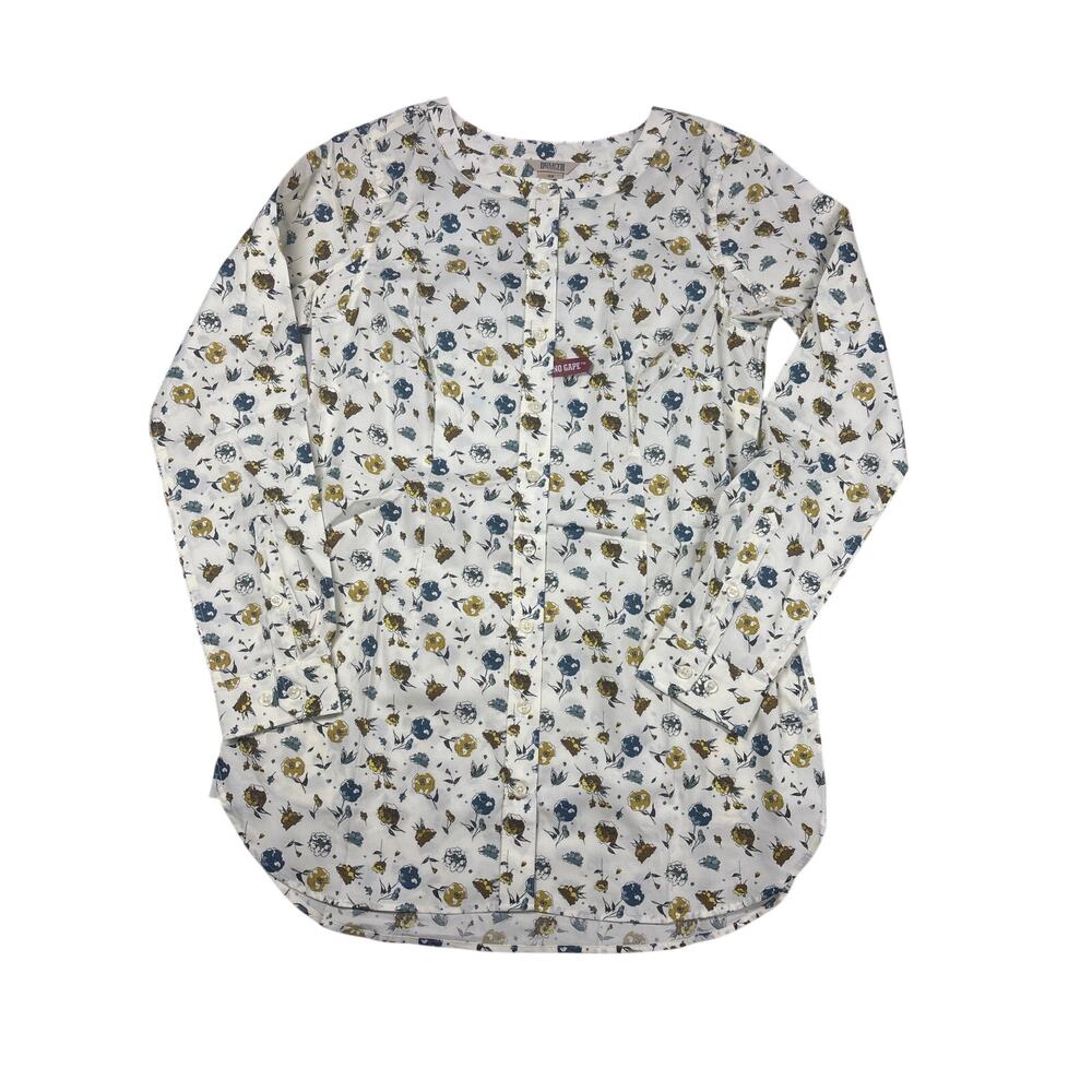 NWT Duluth Trading Wrinklefighter Tunic Blouse XS White Floral Button Down Top